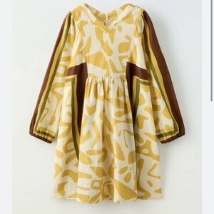 Zara Girls' Mustard Patterned Long Sleeve Dress size 13-14 NWT
